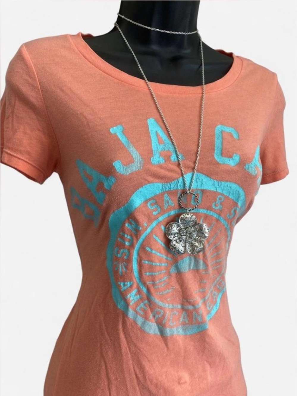 Y2k American Eagle Peachy Coral & Teal Fitted Baby Tee Baja Cali Surf - Picture 3 of 7